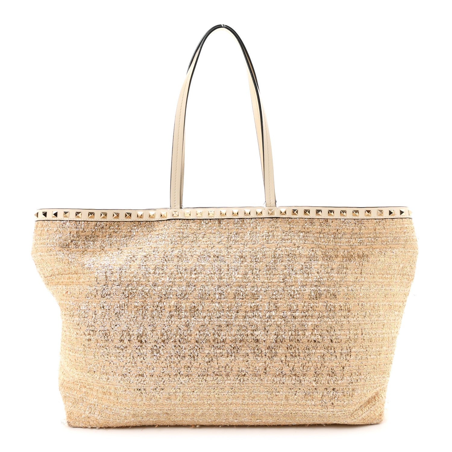 Valentino Garavani Metallic Boucle Raffia Calfskin Rockstud Shoulder Tote White Gold Ivory