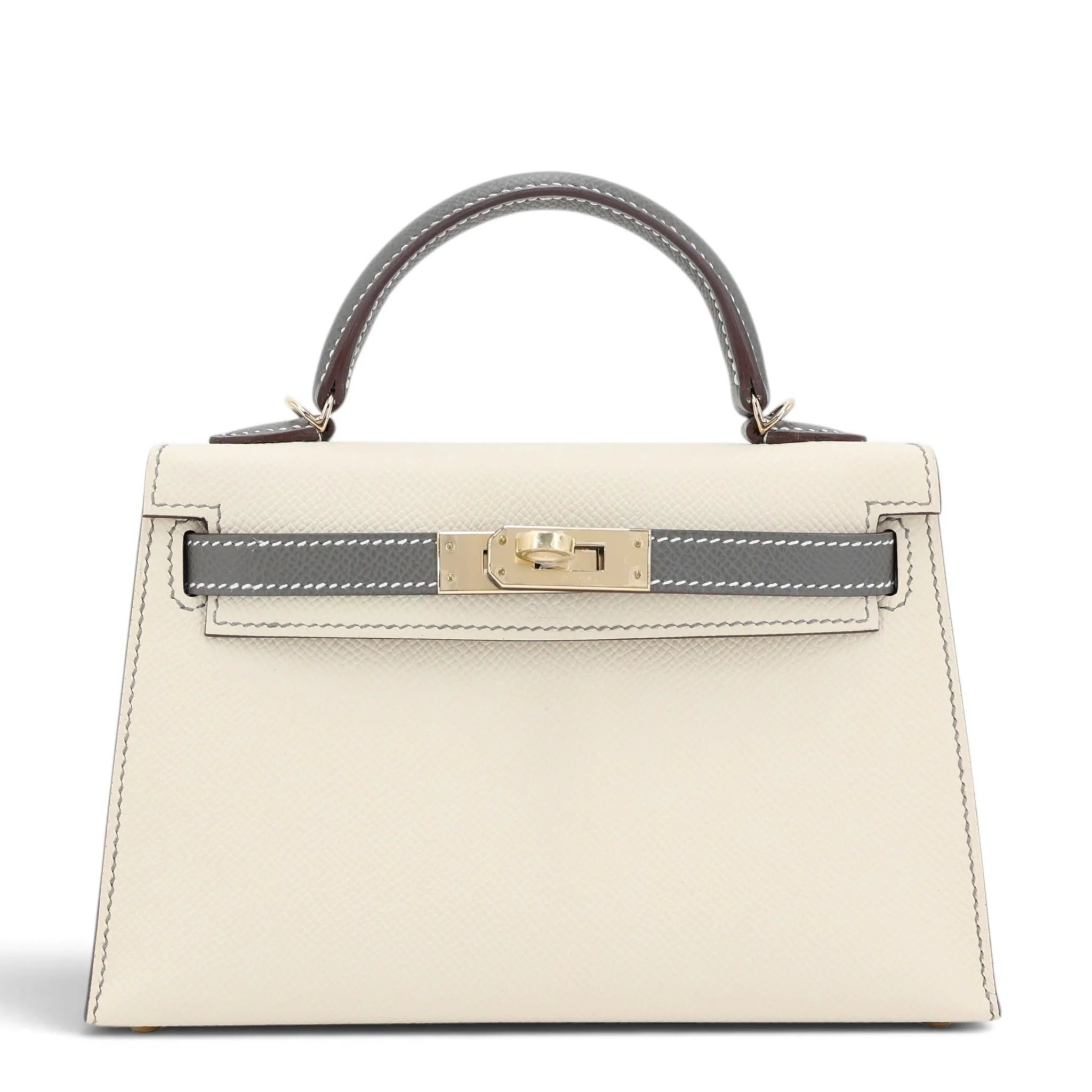 Brand New ( Rank N ) HERMÈS Special Order Mini Kelly II HSS Craie (10) Gris Meyer (0L) Epsom Permabrass hardware K (2025)