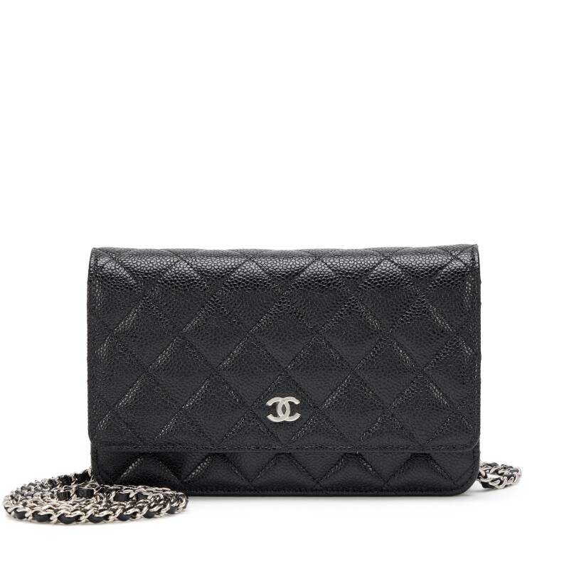 Chanel Black Quilted Caviar Classic Wallet On Chain WOC Silver Hardware, 2023