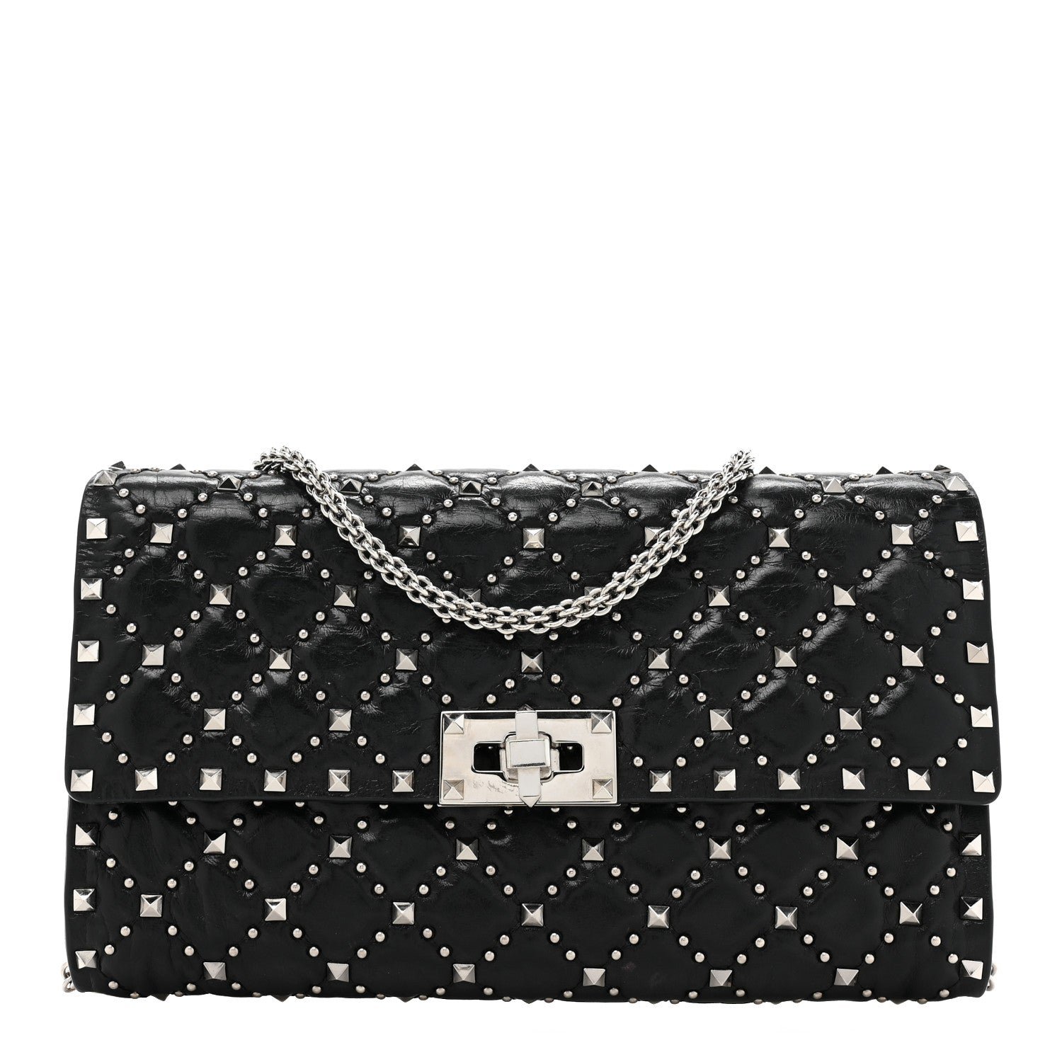 Valentino Garavani Craquele Nappa Beaded Rockstud Spike Wallet on Chain Black