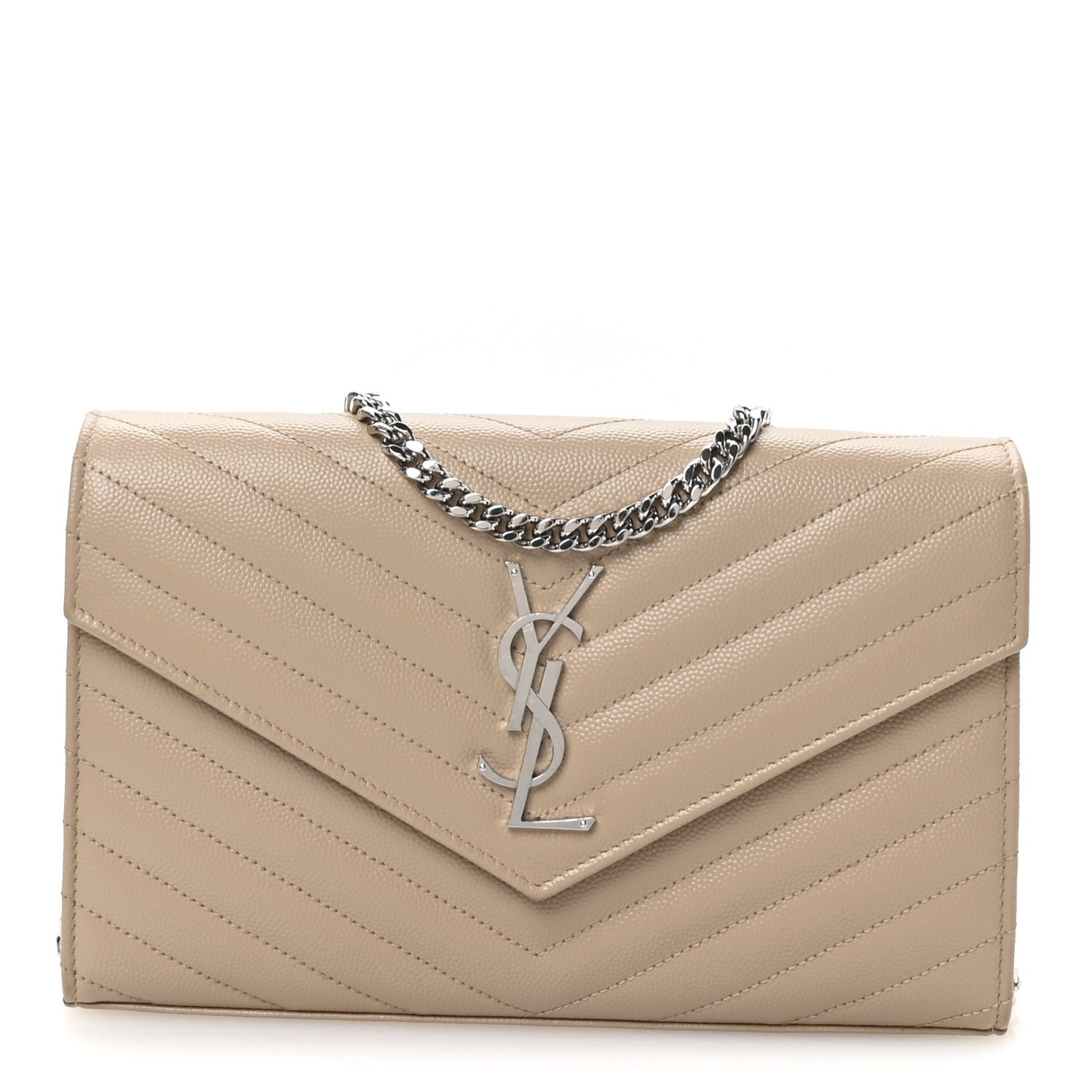 Saint Laurent Grain De Poudre Matelasse Chevron Monogram Chain Wallet Dark Beige
