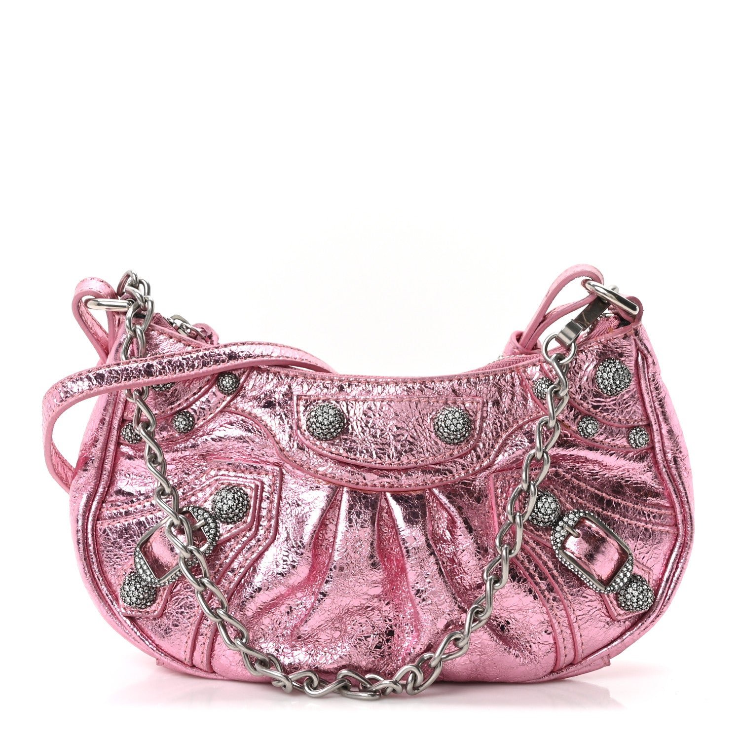Balenciaga Metallic Agneau Arena Crystal Le Cagole Mini Purse With Chain Met Pink