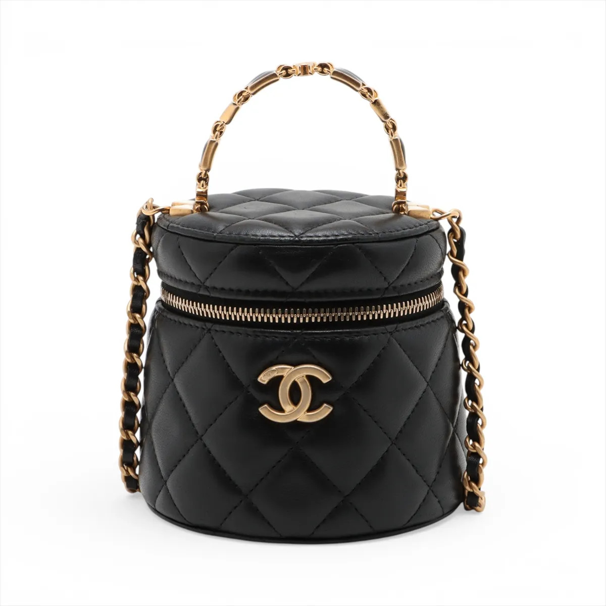 Chanel Matelasse Lambskin 2 Way Shoulder Bag Vanity Black Gold Metal Fittings ra