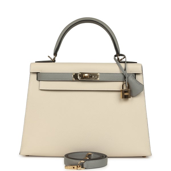 Hermes Special Order (HSS) Kelly Sellier 28 Craie and Gris Mouette Epsom Permabrass Hardware