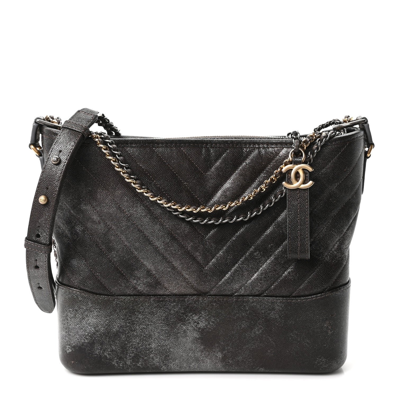 Chanel Metallic Caviar Chevron Quilted Medium Gabrielle Hobo Dark Silver Gold