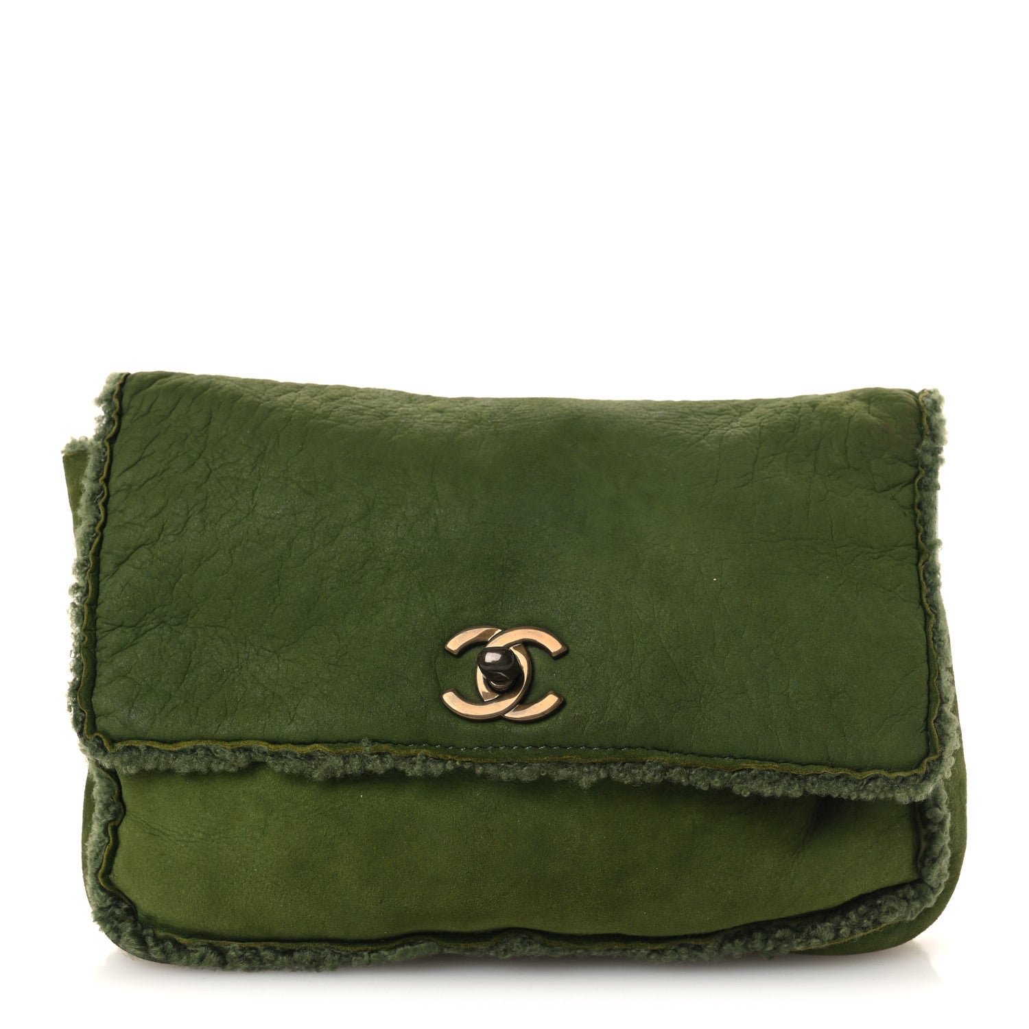 Chanel Suede Shearling Flap Clutch Green