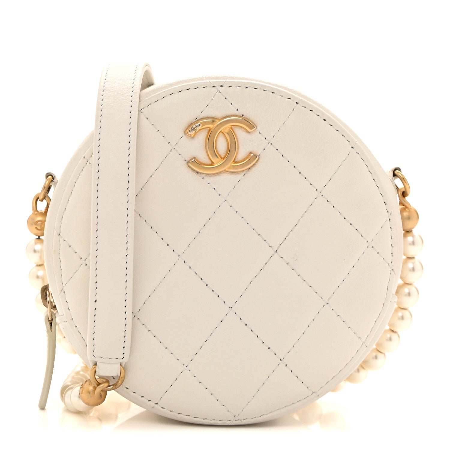 Chanel Calfskin Quilted Pearl Round Clutch With Chain White
