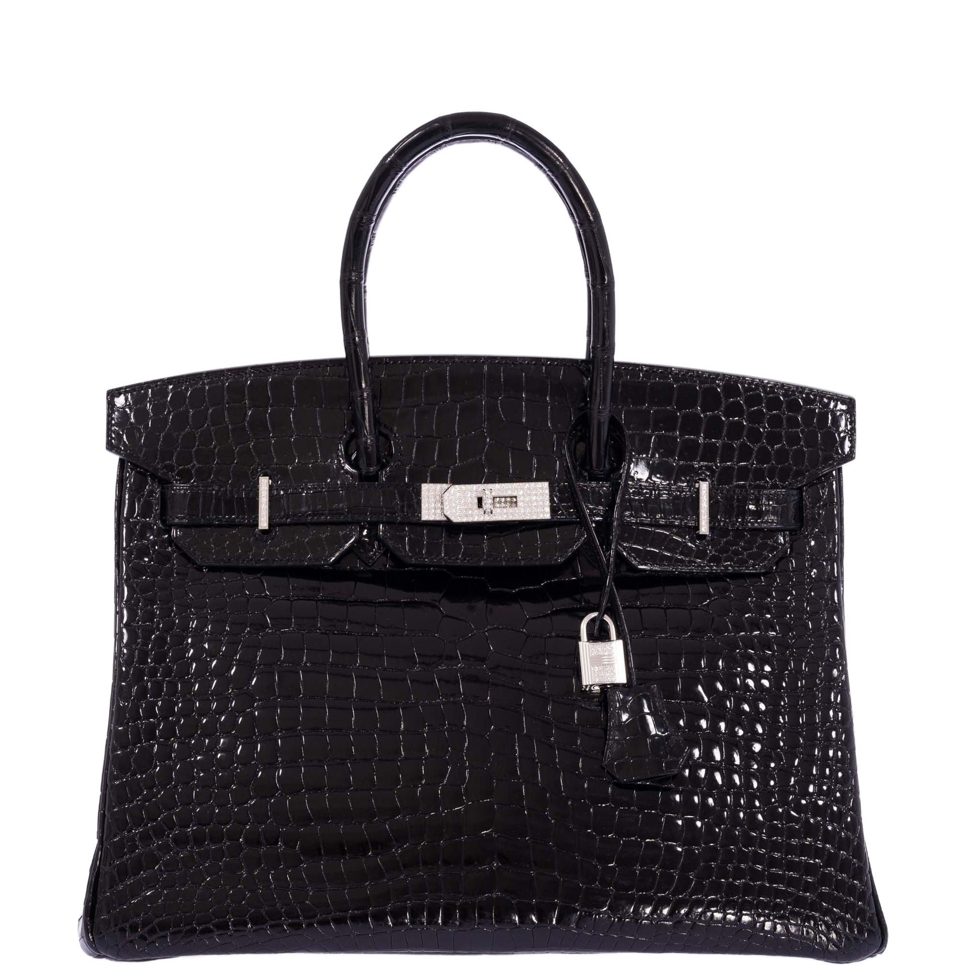 Hermes Hermès Birkin 35 Black Shiny Porosus Crocodile 18K White Gold and Diamond Hardware