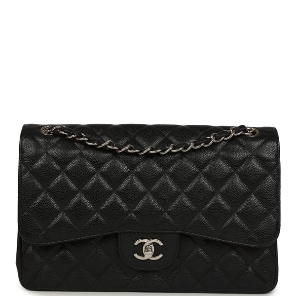 Pre-owned Chanel Jumbo Classic Double Flap Bag Black Caviar Silver Hardware