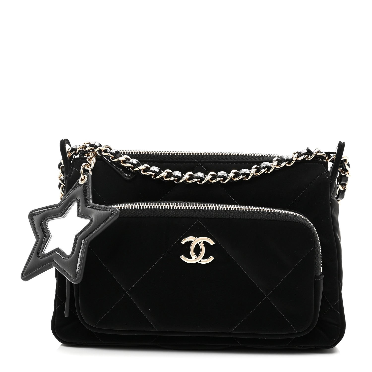 Chanel Chanel Velvet Effect Nylon Shiny Crumpled Calfskin Quilted Chanel 25 Clutch With Chain Black