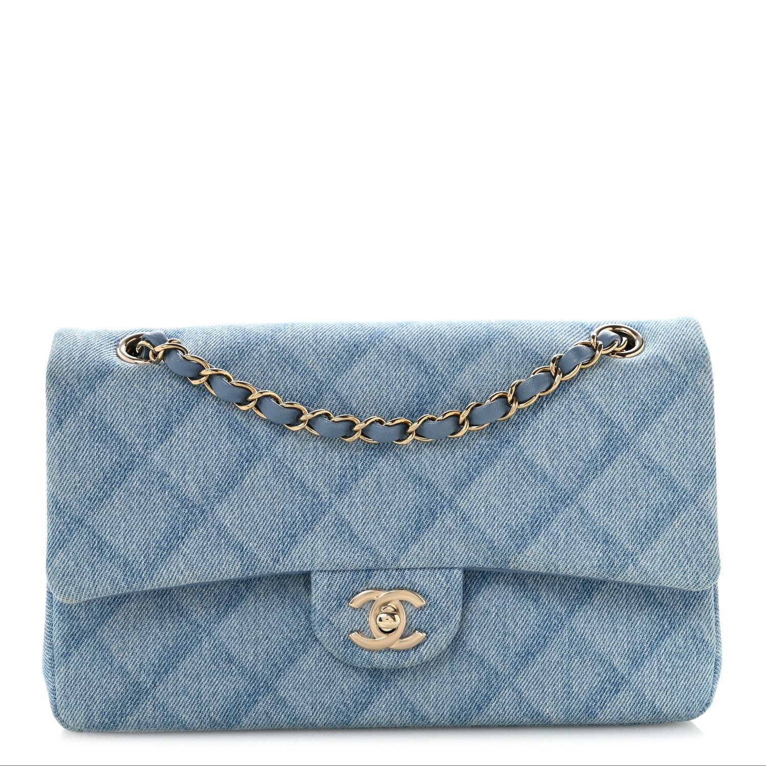 Chanel Printed Denim Quilted Medium Double Flap Light Blue