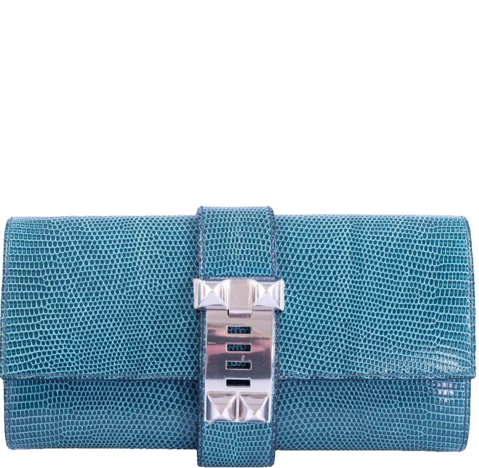 Hermes Hermès Medor 23 Clutch Bleu Pétrole Lizard Palladium Hardware