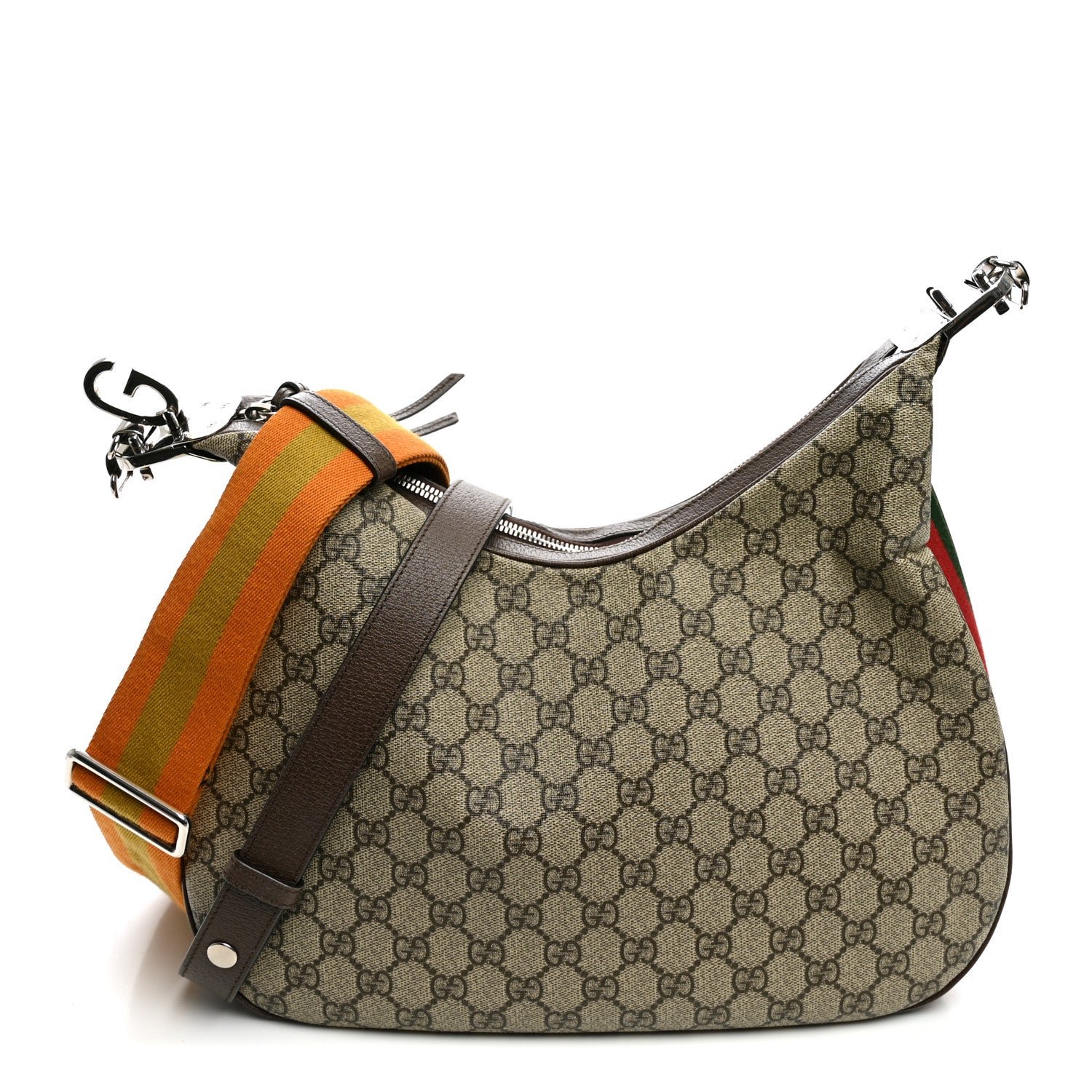 Gucci GG Supreme Monogram Textured Calfskin Web Large Attache Shoulder Bag Beige Ebony New Acero