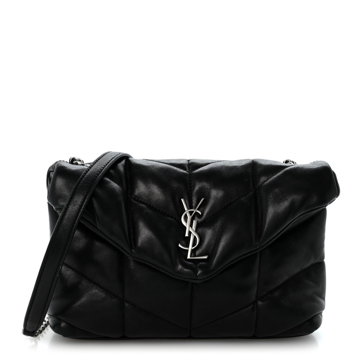 Saint Laurent Lambskin Quilted Toy Loulou Puffer Monogram Chain Satchel Black