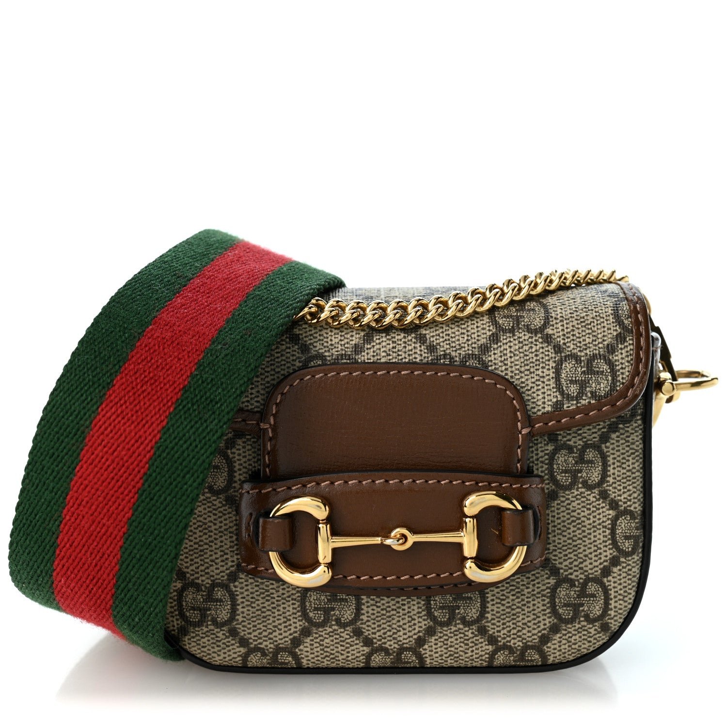 Gucci GG Supreme Monogram Azalea Calfskin Web Horsebit 1955 Wallet On Strap Beige Ebony Brown Sugar
