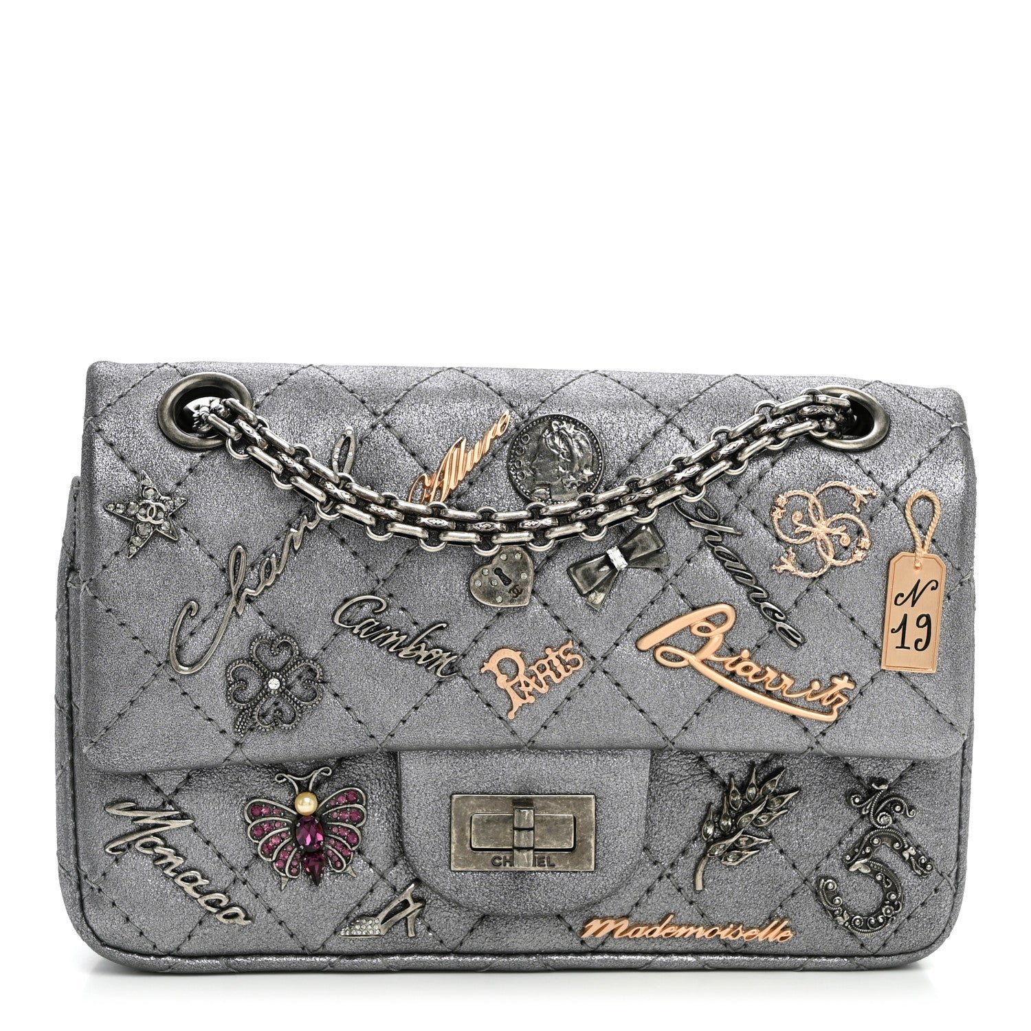 Chanel Metallic Calfskin Quilted Lucky Charms 2.55 Reissue 224 Flap Dark Silver