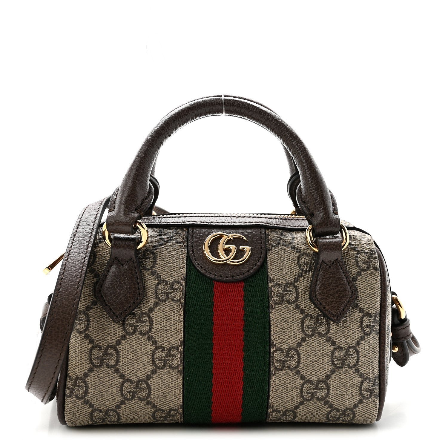 Gucci GG Supreme Monogram Textured Dollar Calfskin Web Super Mini Ophidia Top Handle Bowler Bag Beige Ebony New Acero