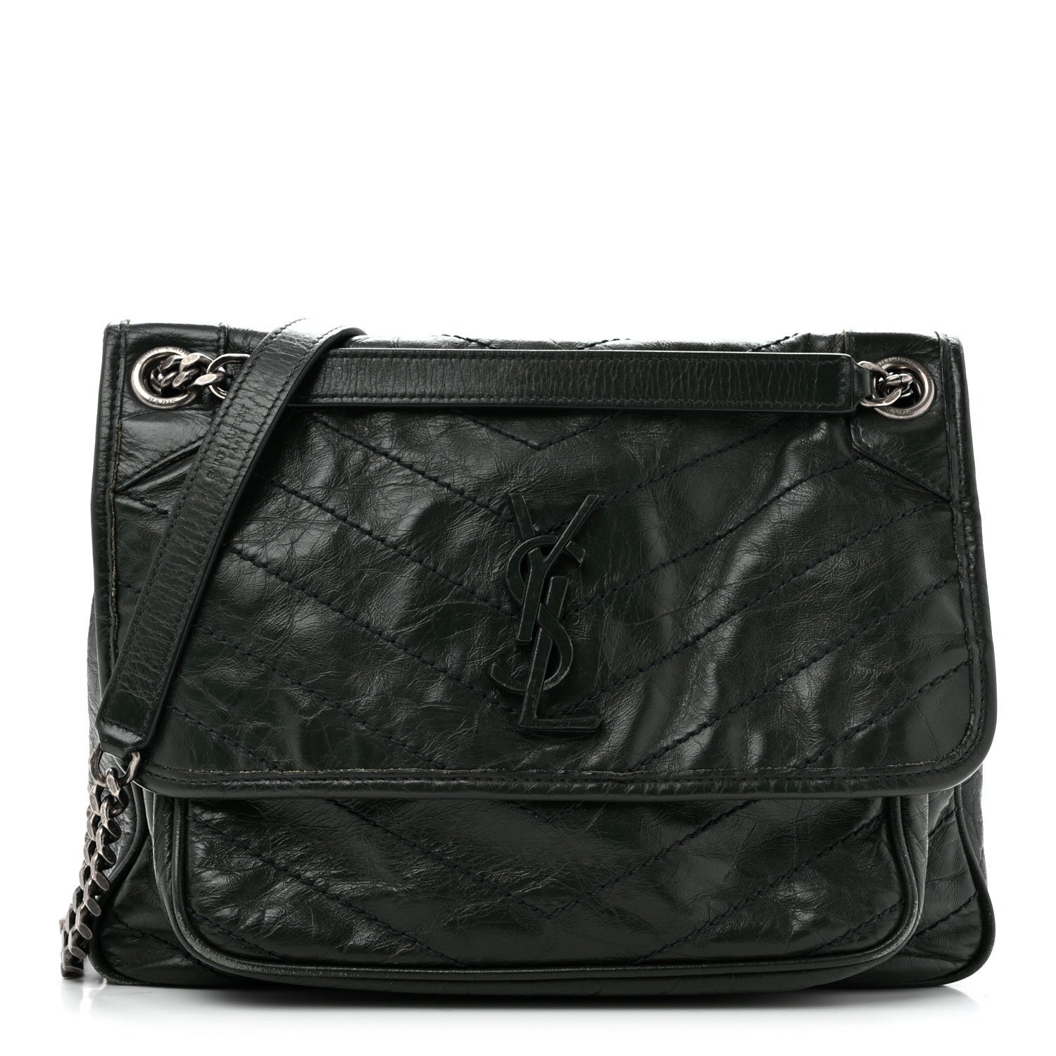 Saint Laurent Crinkled Lambskin Matelasse Monogram Medium Niki Chain Satchel Military Olive
