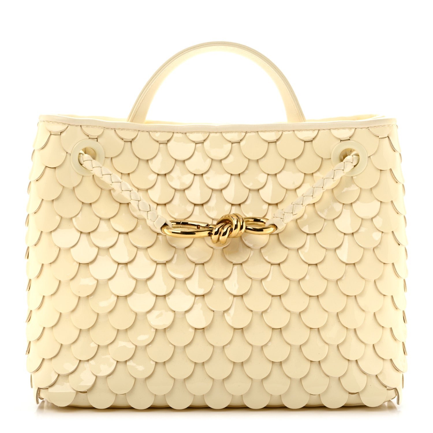 Bottega Veneta Patent Calfskin Fish Scale Small Andiamo Shoulder Bag Chamomile