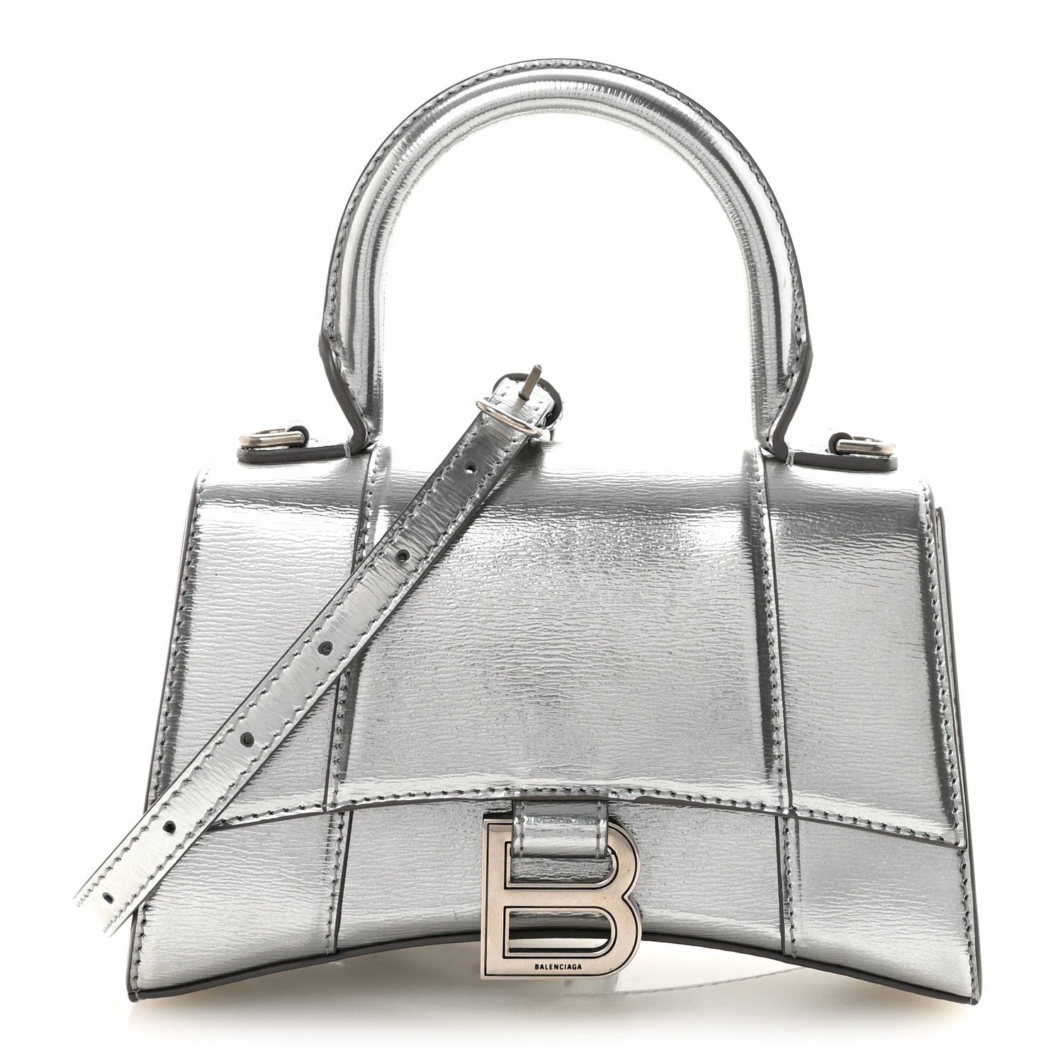 Balenciaga Metallic Textured Calfskin Hourglass Top Handle Bag XS Silver