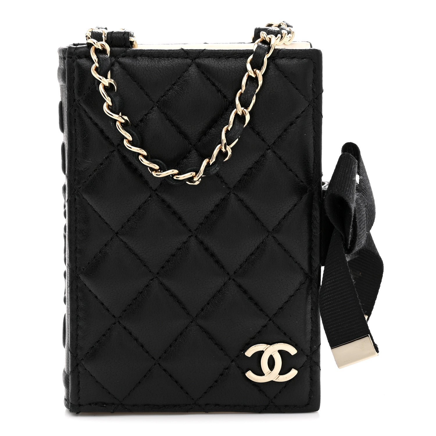 Chanel Lambskin Quilted Book Card Holder on Chain Black