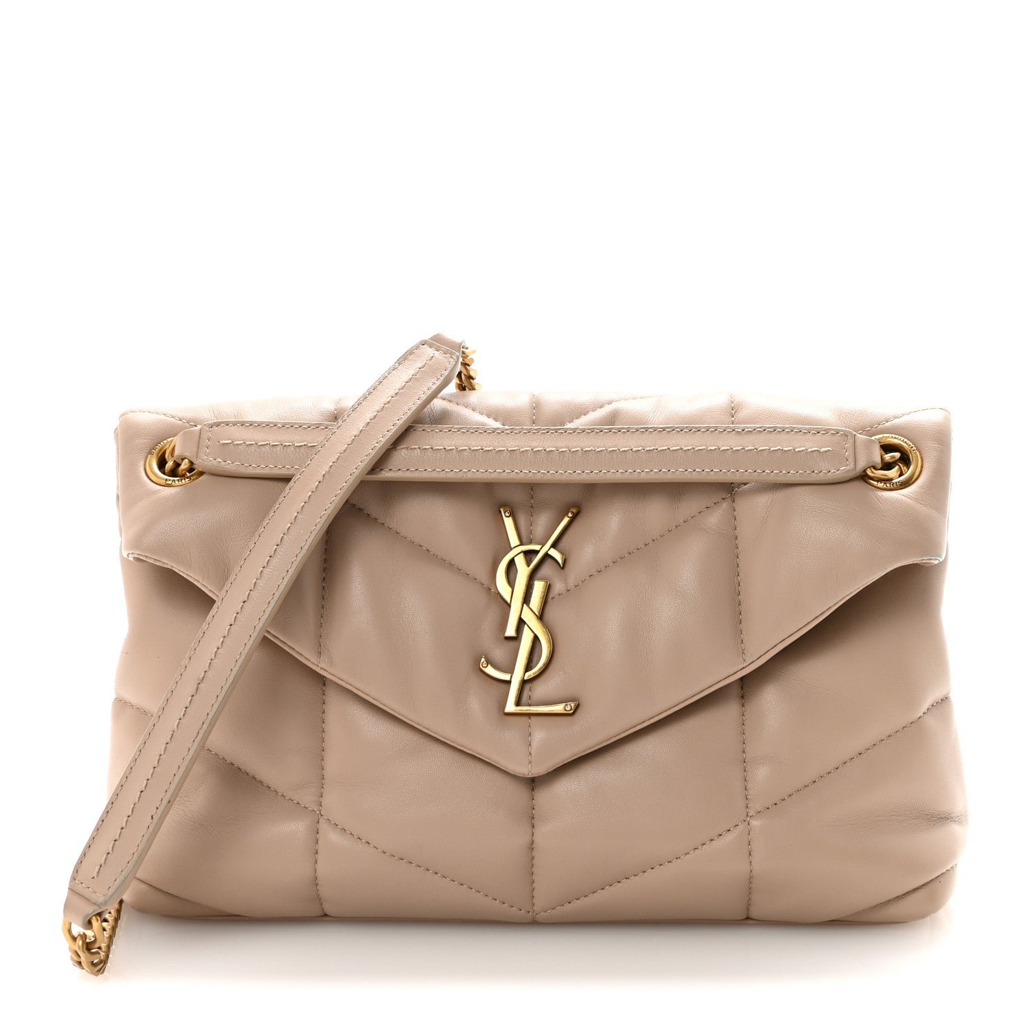 Saint Laurent Lambskin Quilted Small Loulou Puffer Monogram Chain Satchel Dark Beige