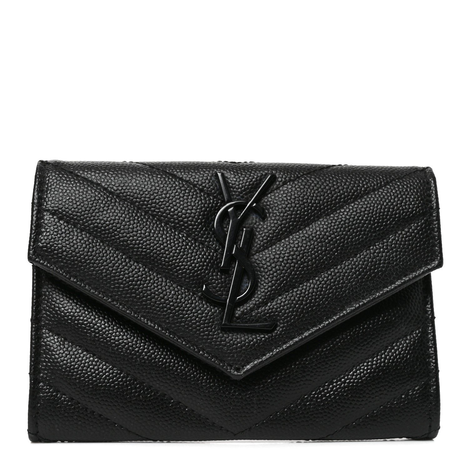 Saint Laurent Grain De Poudre Matelasse Chevron Small Monochrome Monogram Envelope Wallet Black