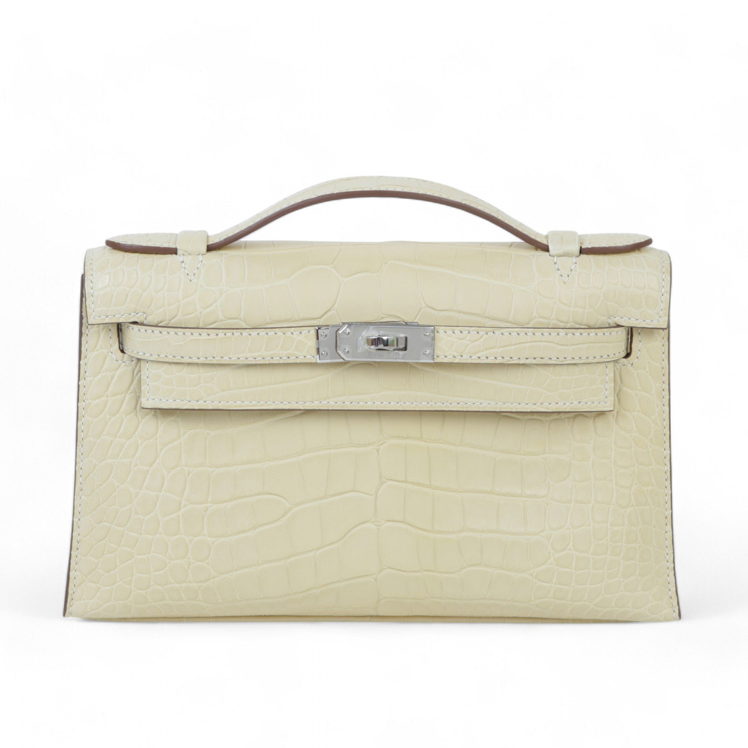 Hermes Brand New ( Rank N ) HERMÈS Kelly Pochette Vanille (Y1) Matte Alligator Palladium hardware W (2024)