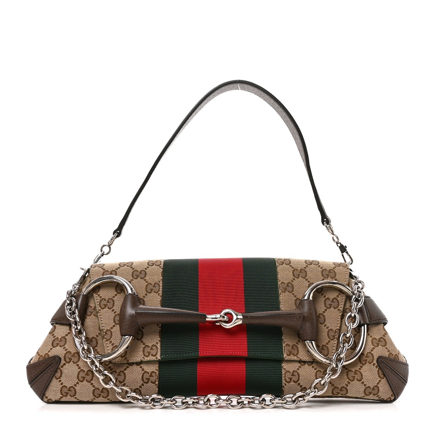 Gucci Monogram Textured Dollar Calfskin Heavy Grosgrain Web Medium Maxi Horsebit Chain Shoulder Bag Beige Ebony New Acero