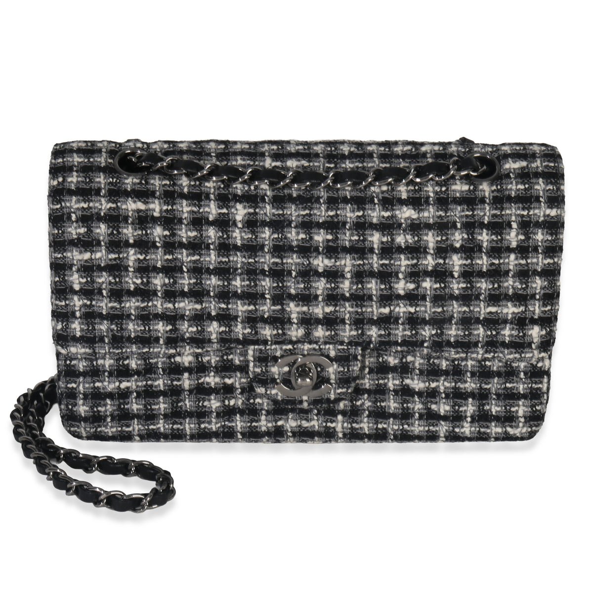Black White Tweed Quilted Medium Classic Double Flap Bag
