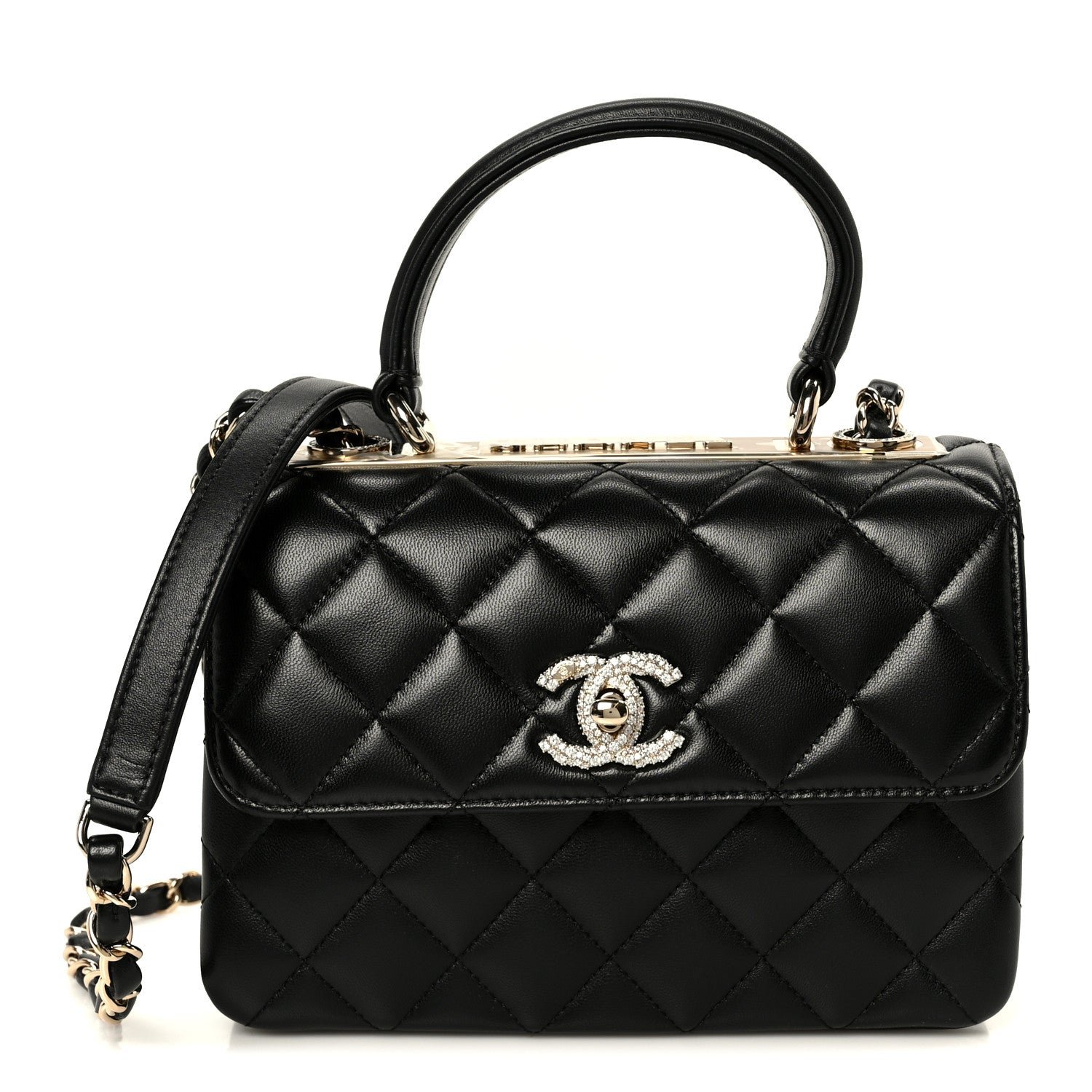 Chanel Lambskin Crystal Quilted Mini Trendy CC Dual Handle Flap Bag Black