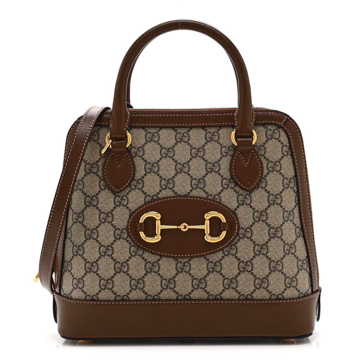 Gucci GG Supreme Monogram Azalea Calfskin Small Horsebit 1955 Top Handle Bag Beige Ebony Brown Sugar
