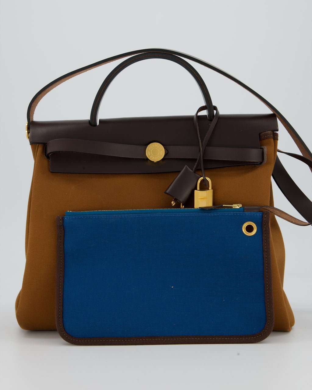 Hermes Hermès Herbag Zip 31 Bag in Alezan and Bleu Outremer Canvas, Ebene Vache Hunter Leather with Gold Hardware