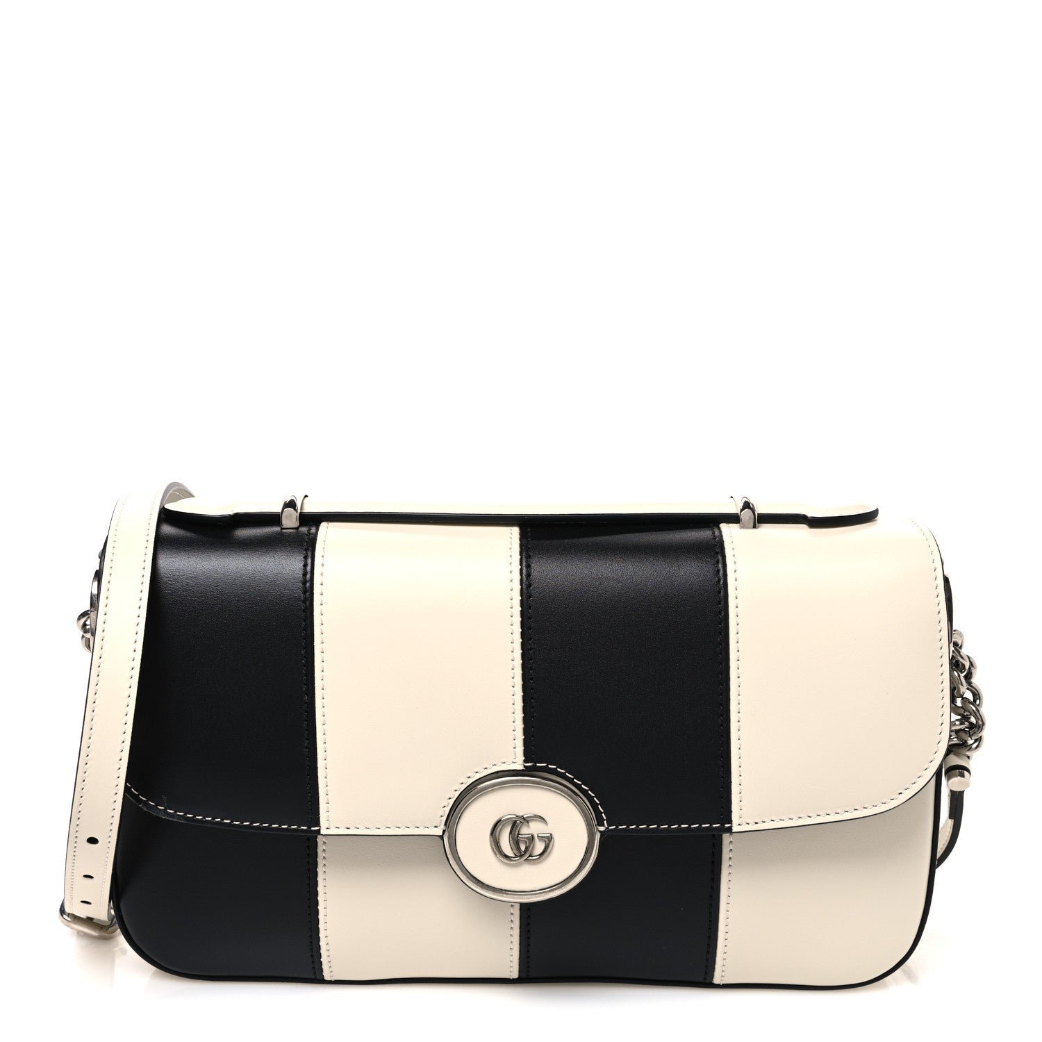 Gucci Senna Calfskin Lines Petite GG Top Handle Shoulder Bag Black Mystic White
