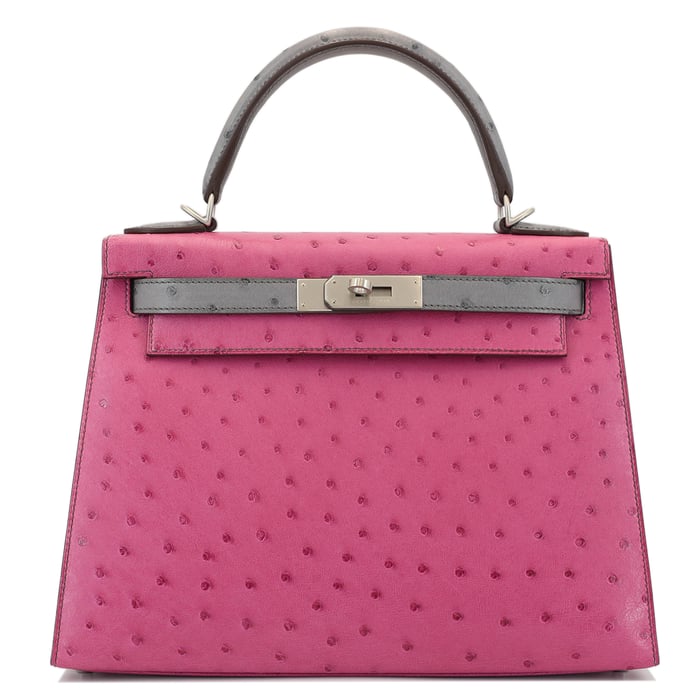 Hermes HERMÈS HSS Special Order Ostrich Kelly 28 Sellier handbag in Rose Purple and Gris Agate with Brushed Palladium hardware