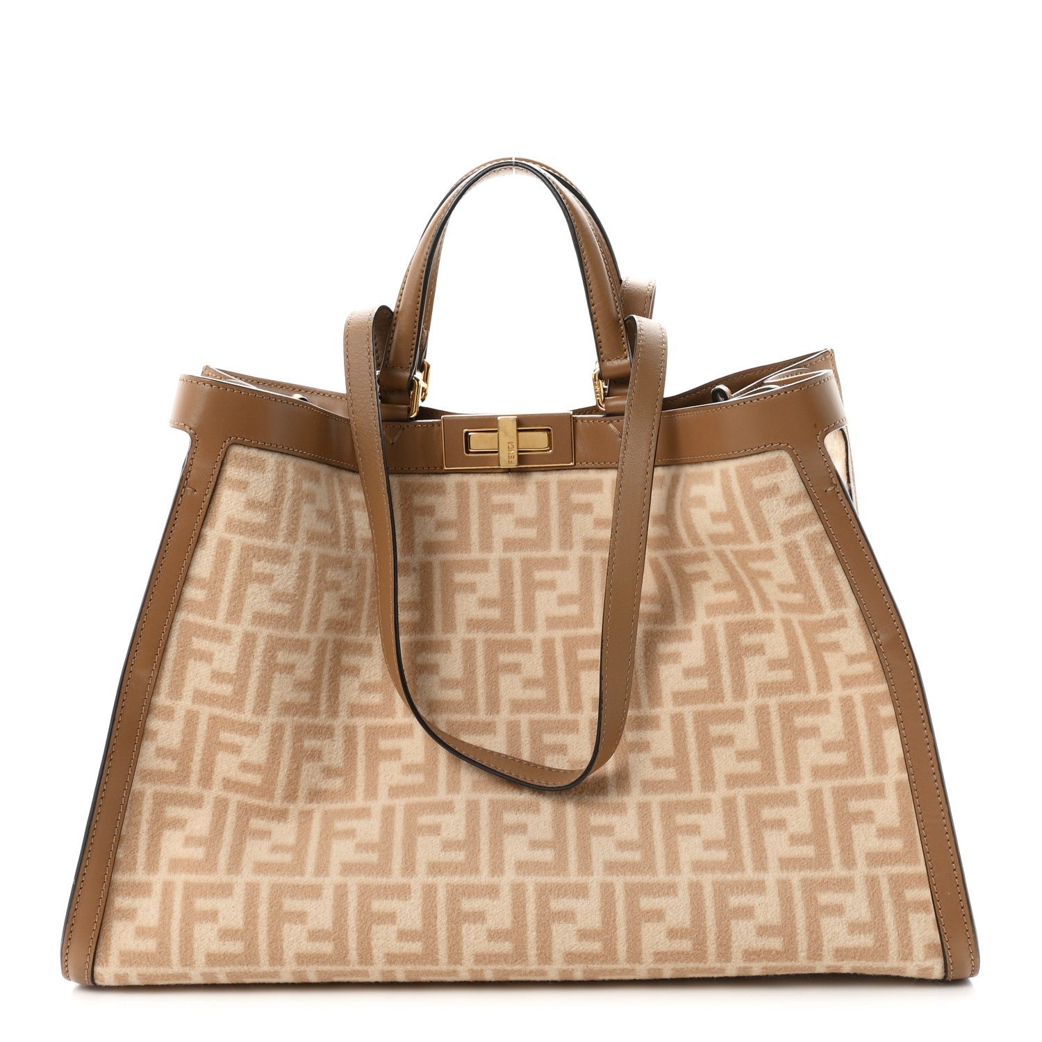 Fendi Canvas Vitello King FF Embroidered Medium Peekaboo X-Tote Beige Cammello Sand