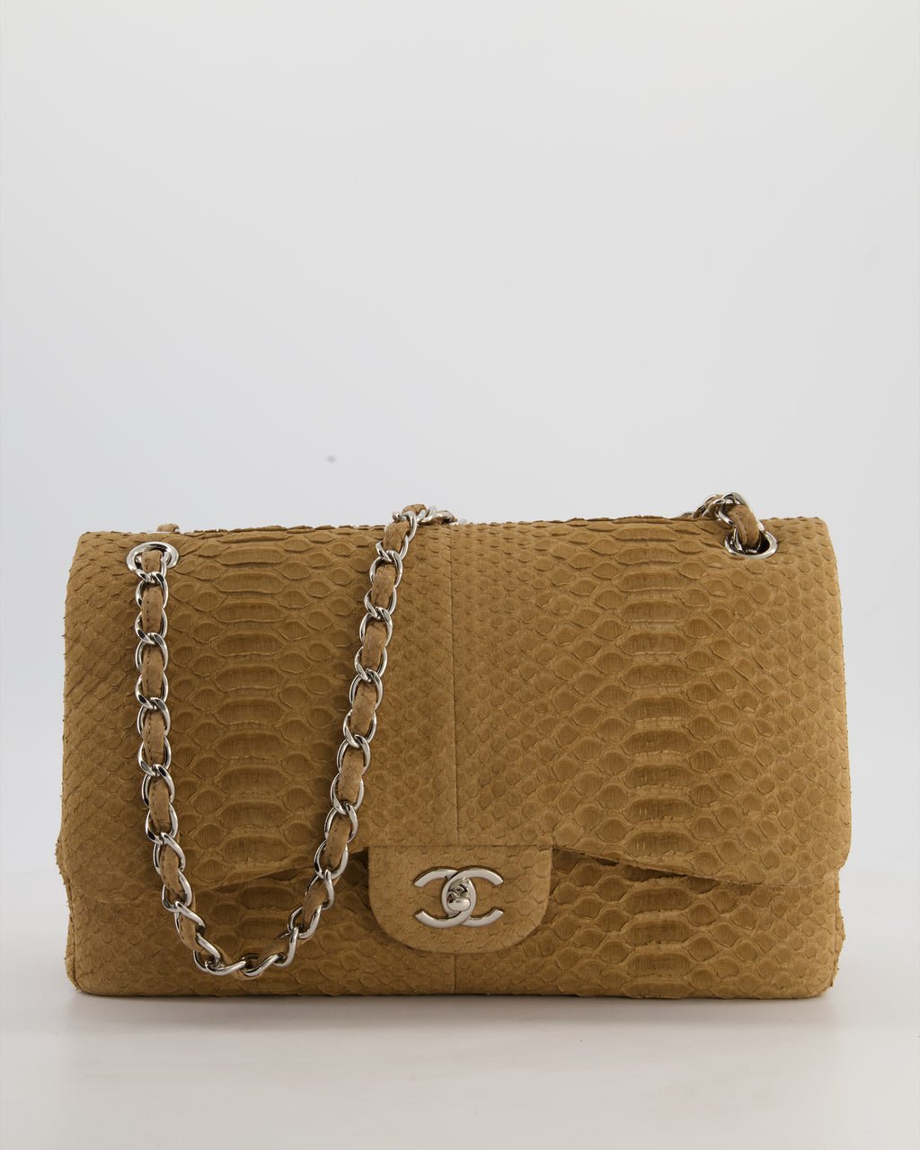 Chanel Beige Python Leather Jumbo Classic Double Flap Bag with Silver Hardware