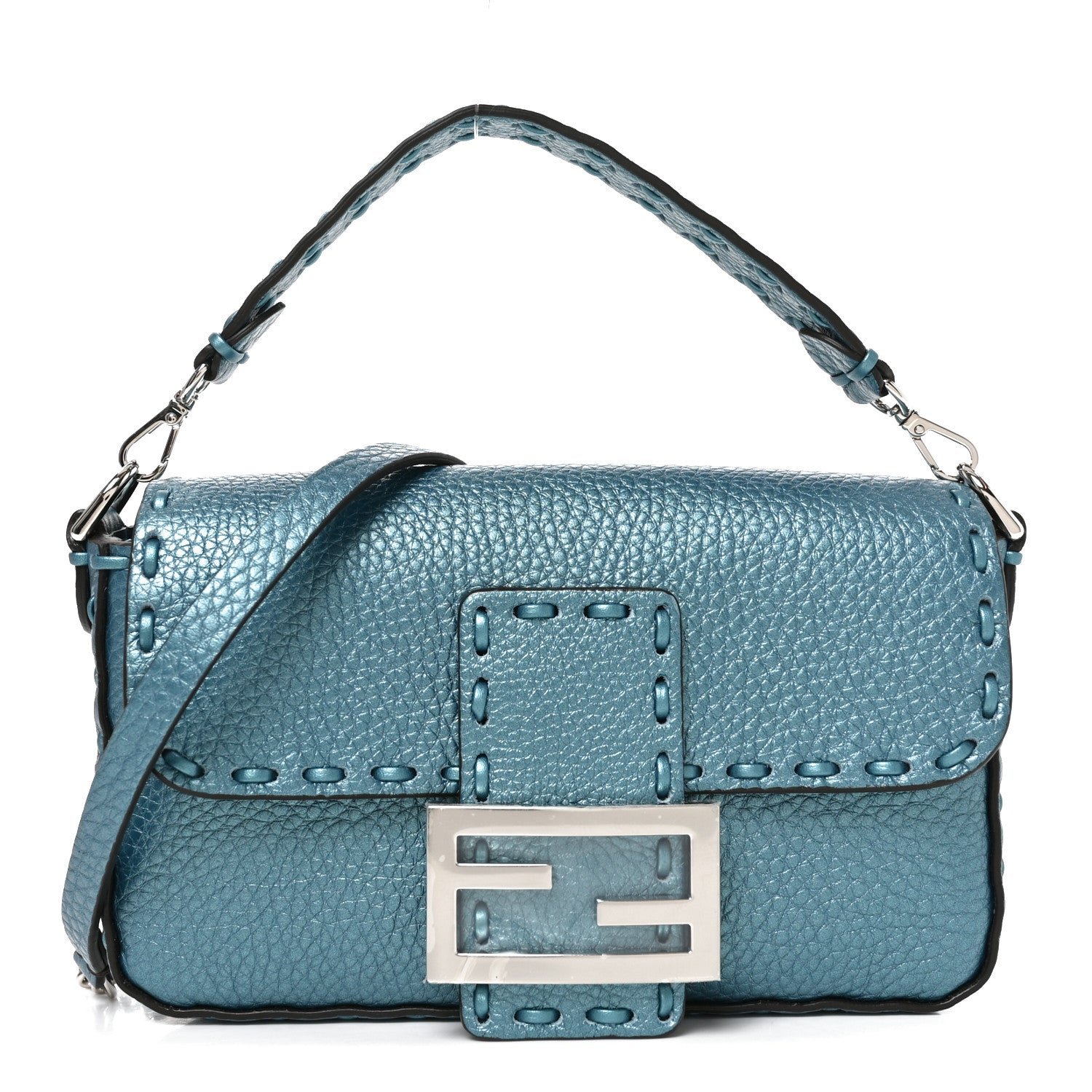 Fendi Metallic Cuoio Roma Sellerissima Nappa Sintetica Tape Stitch Mini Baguette Placca Argento
