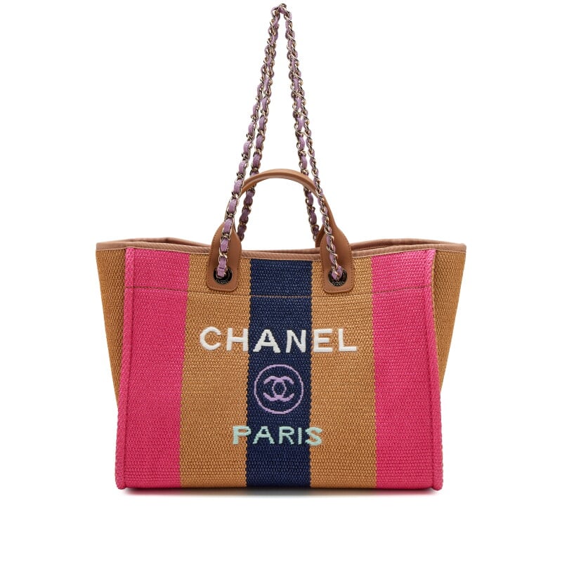 Brown, Blue and Pink Raffia and Calfskin Striped Medium Deauville Tote Gold Hardware, 2020