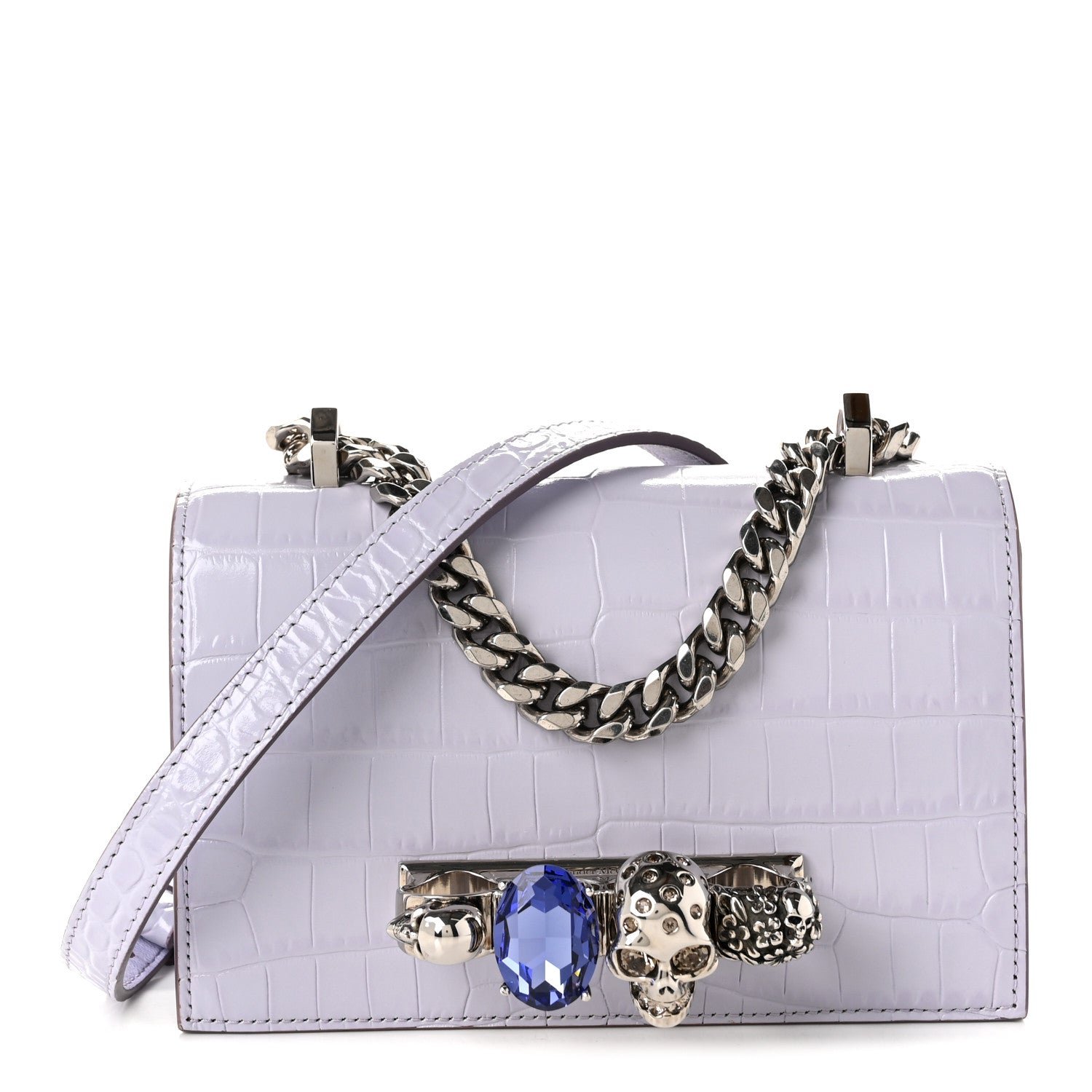 Alexander McQueen Alexander McQueen Shiny Crocodile Embossed Mini Jeweled Knuckle Satchel Lavender