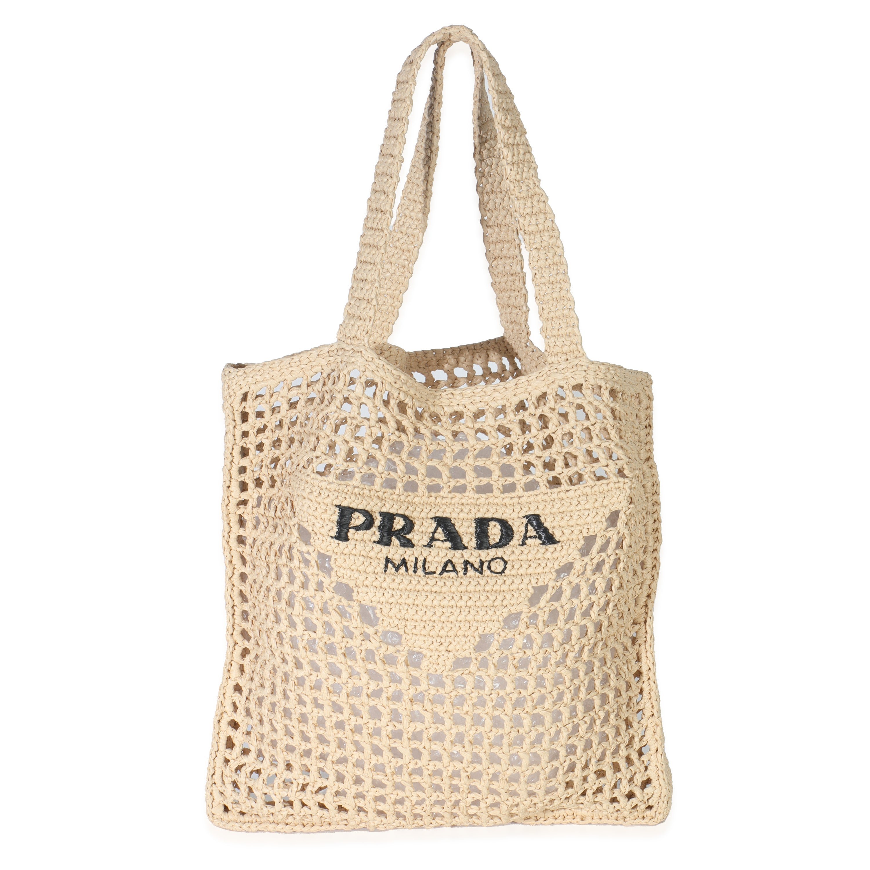 Prada Natural Raffia Effect Logo Crochet Tote