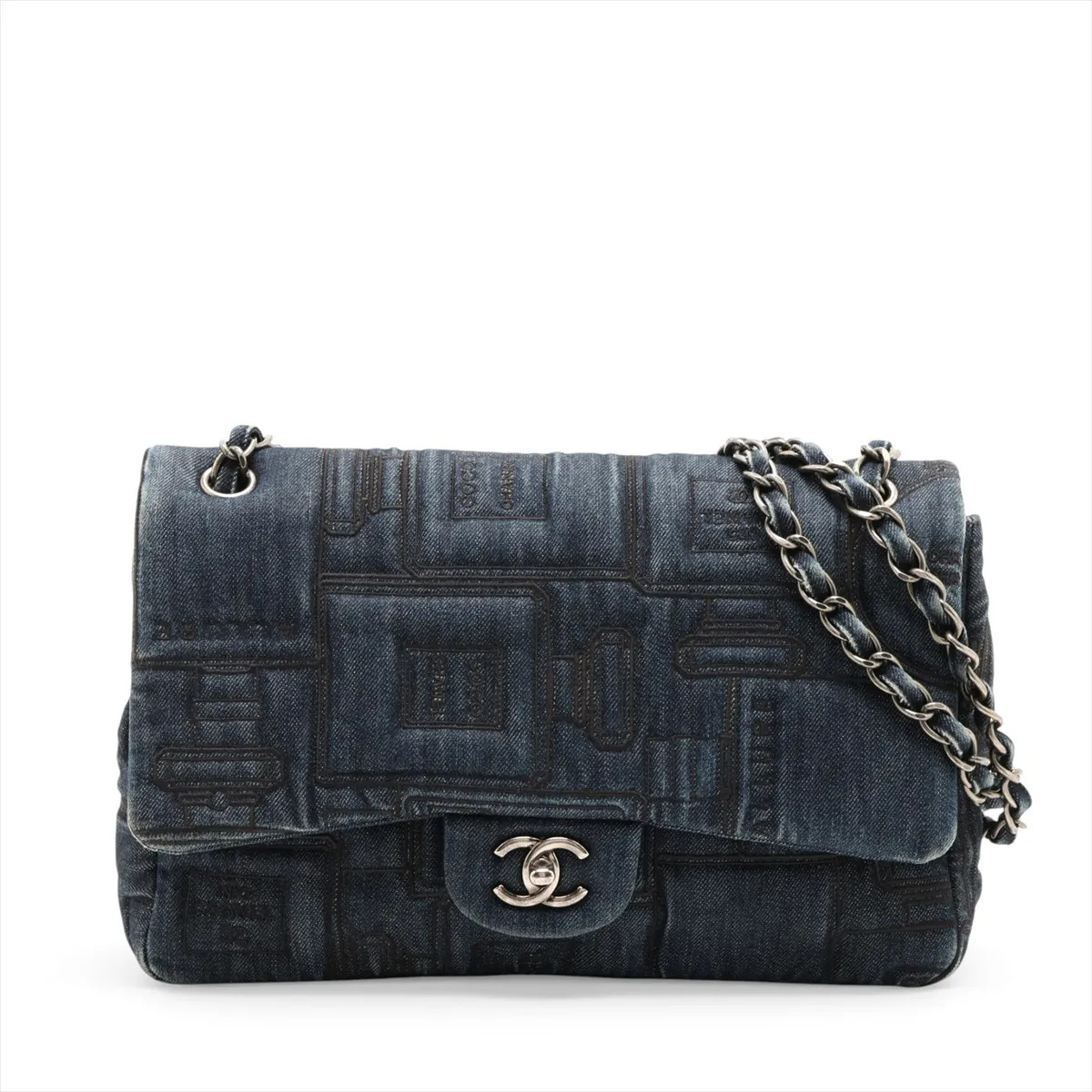 Chanel Coco Perfume Denim Single Flap Double Chain Bag Blue Gunmetal Fittings 22