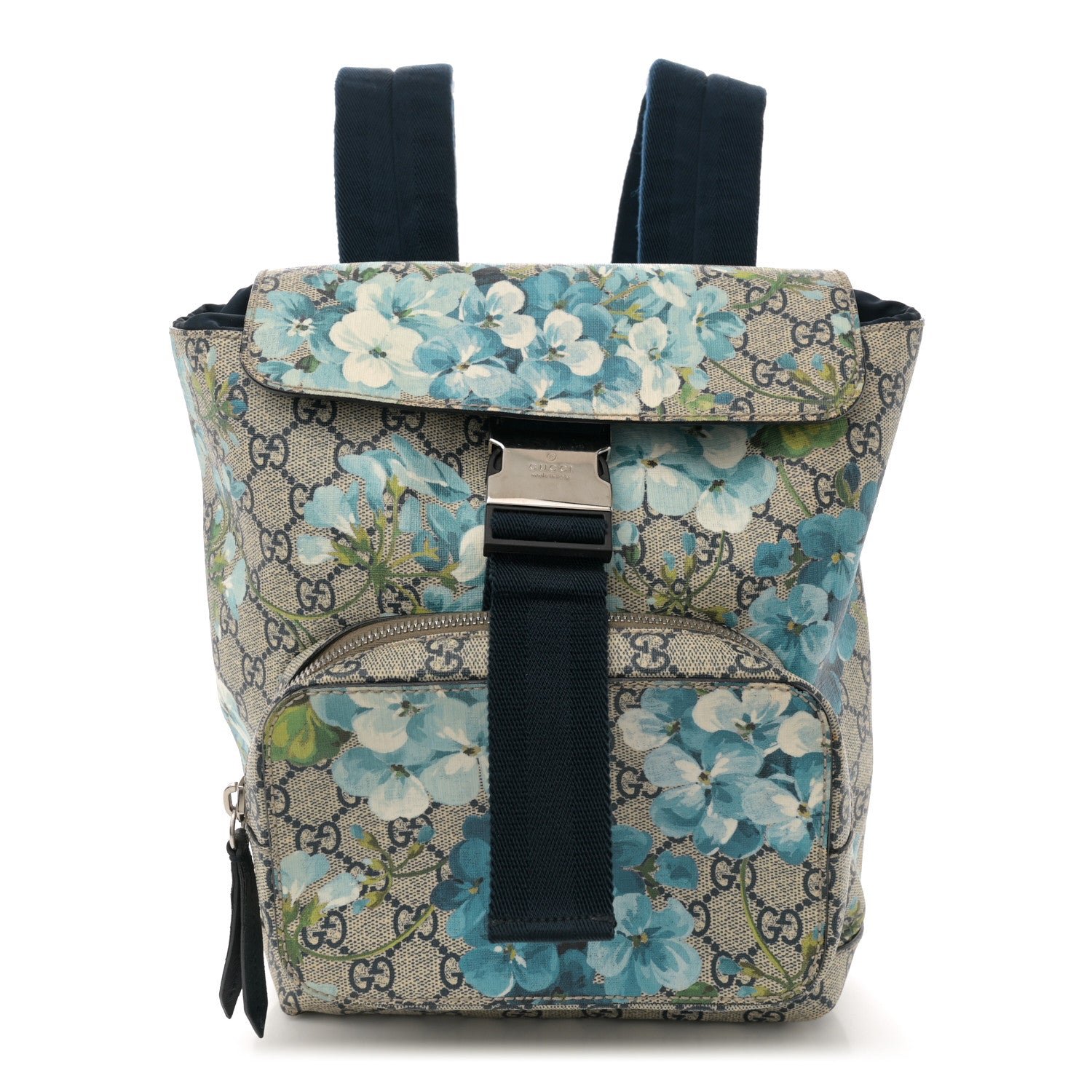 Gucci GG Supreme Monogram Blooms Small Single Buckle Backpack Beige Blue Navy