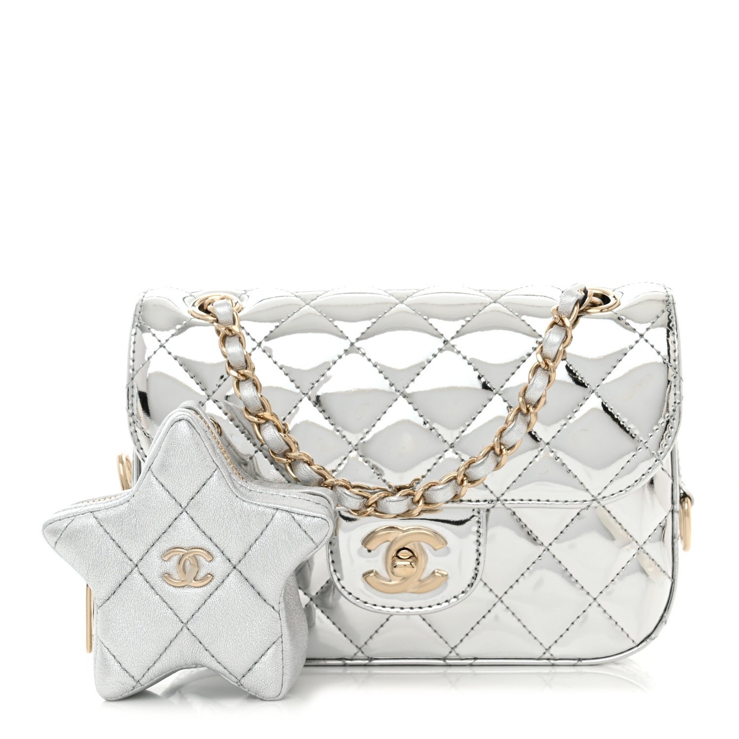 Chanel Mirror Calfskin Metallic Calfskin Quilted Hollywood Boulevard Mini Flap With Star Coin Purse Silver