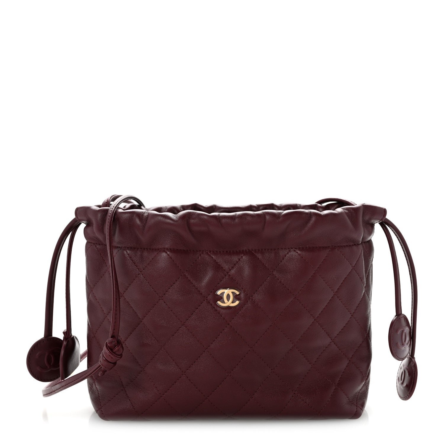 Chanel Lambskin Quilted Drawstring Clutch With Strap Dark Burgundy