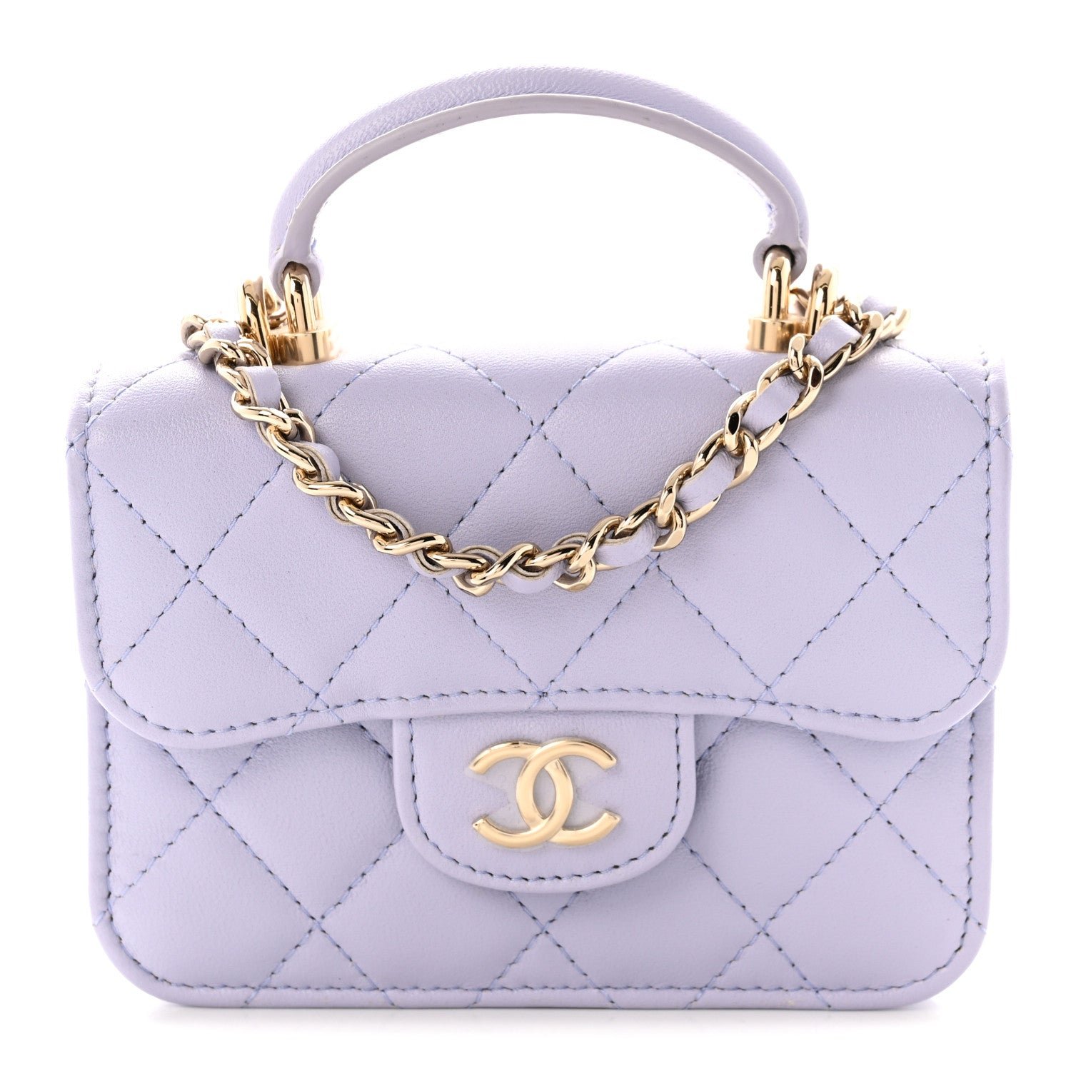 Chanel Lambskin Quilted Top Handle Flap Coin Purse With Chain Light Purple