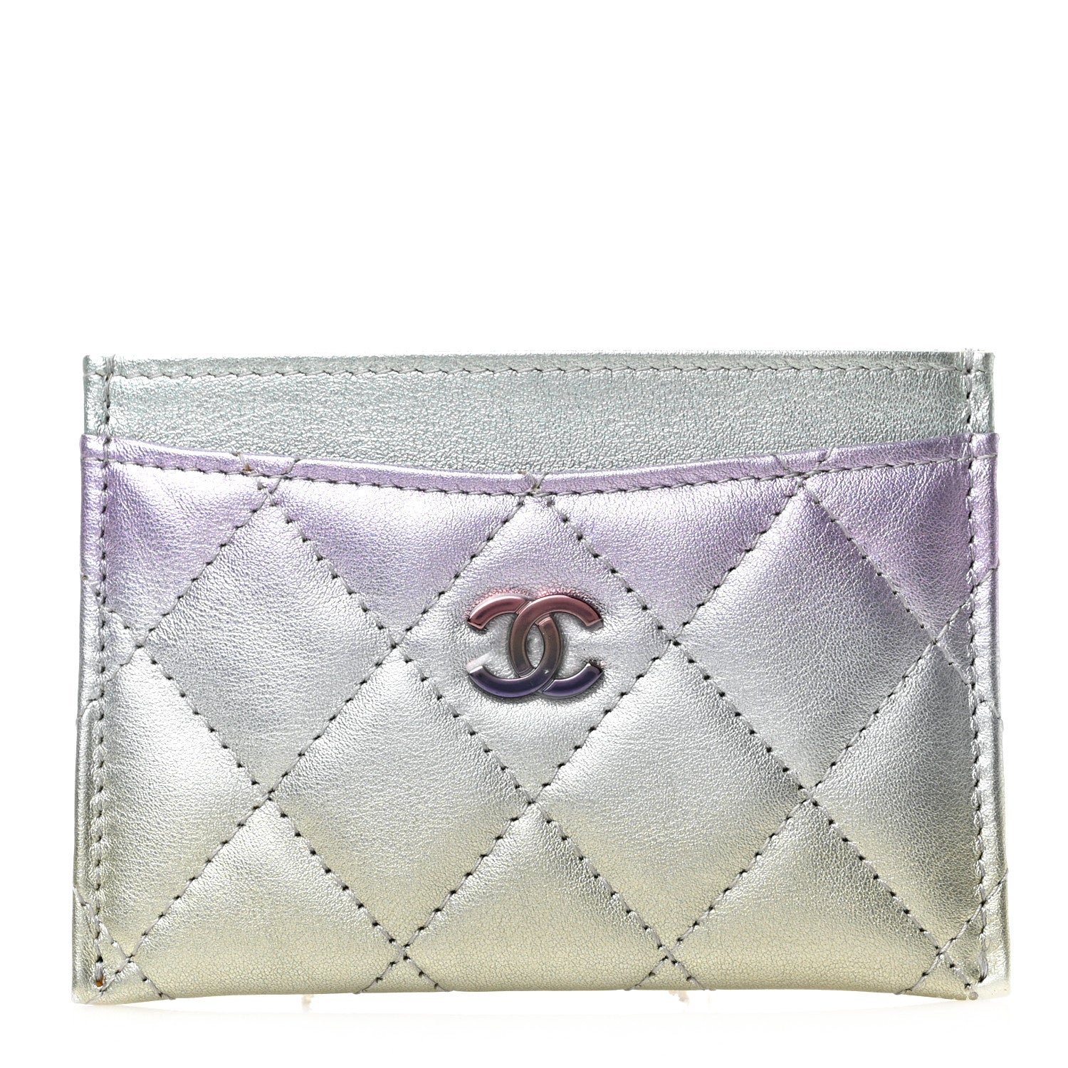 Chanel Gradient Metallic Calfskin Quilted Card Holder Silver Blue Yellow Purple