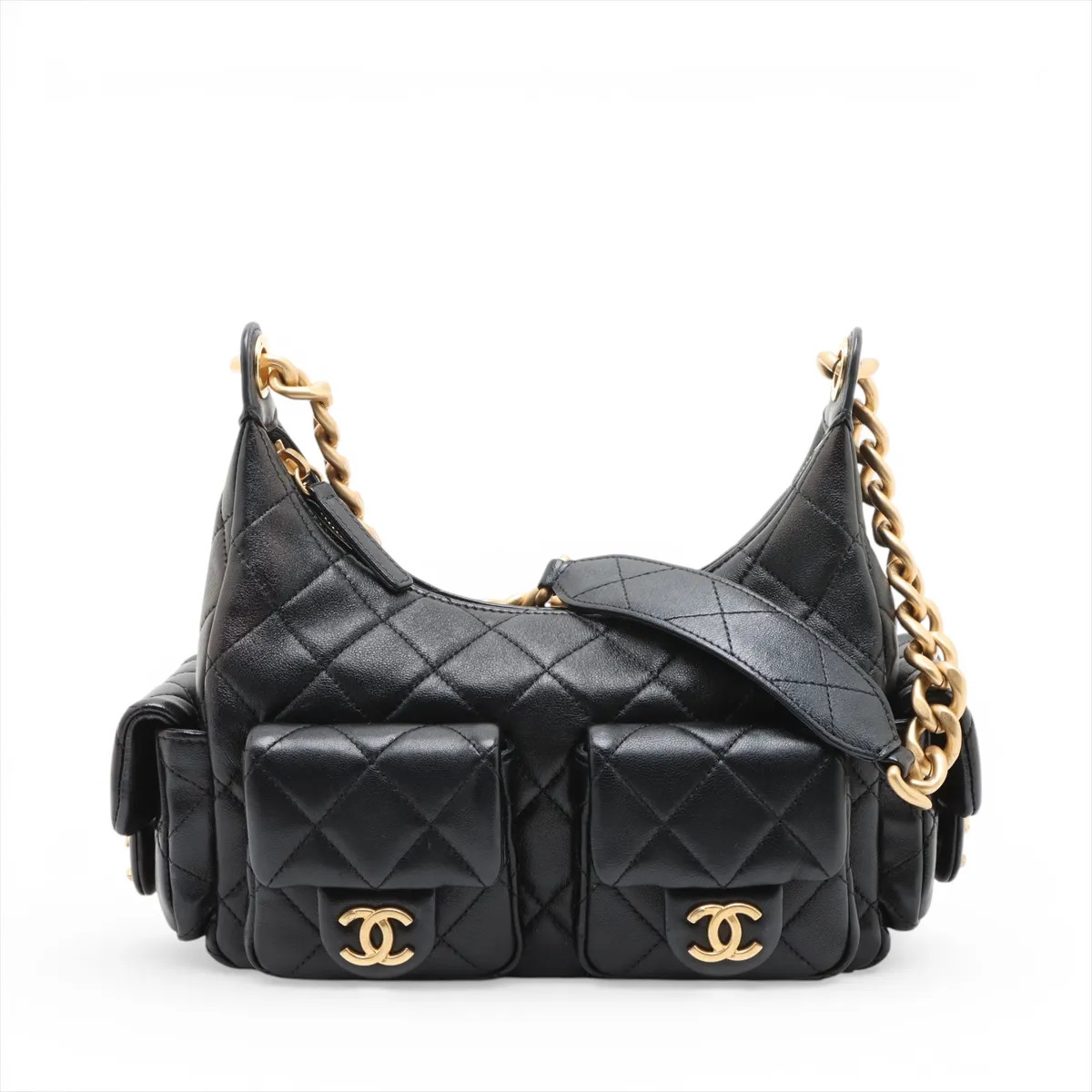 Chanel Matelasse Lambskin Chain Shoulder Bag Hobo Black Gold Metal Fittings rand