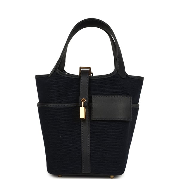 Hermes Picotin Cargo 18 Bleu Marine Swift and Toile Canvas Gold Hardware