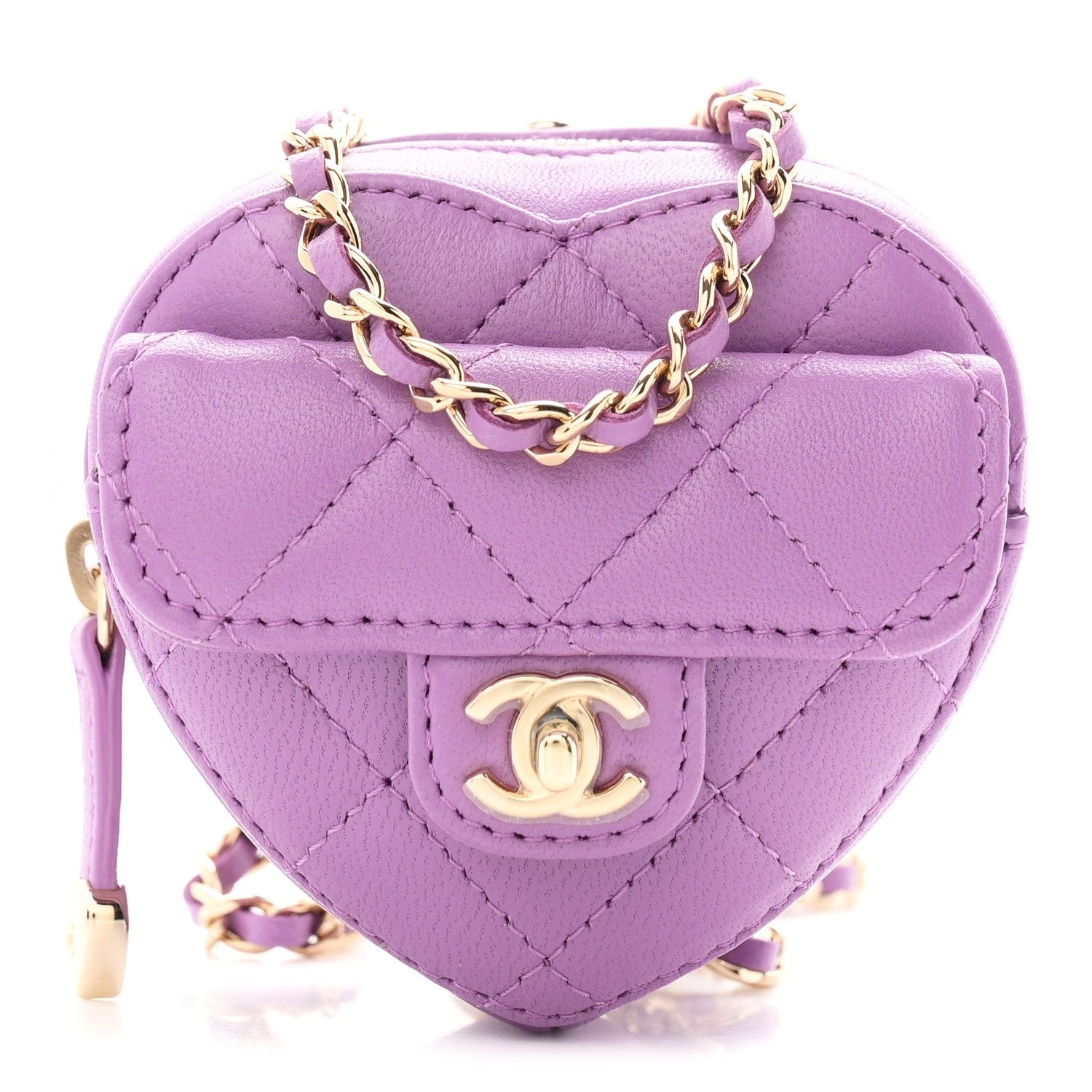 Chanel Lambskin Quilted CC In Love Heart Waist Belt Bag With Chain Purple